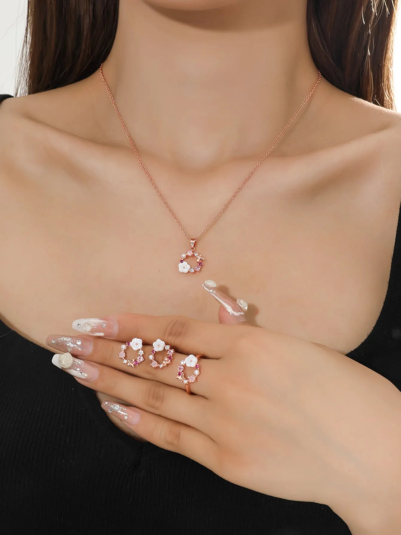 4 Pieces Rose Gold-color Lady Flower Fashion Accessories Zircon