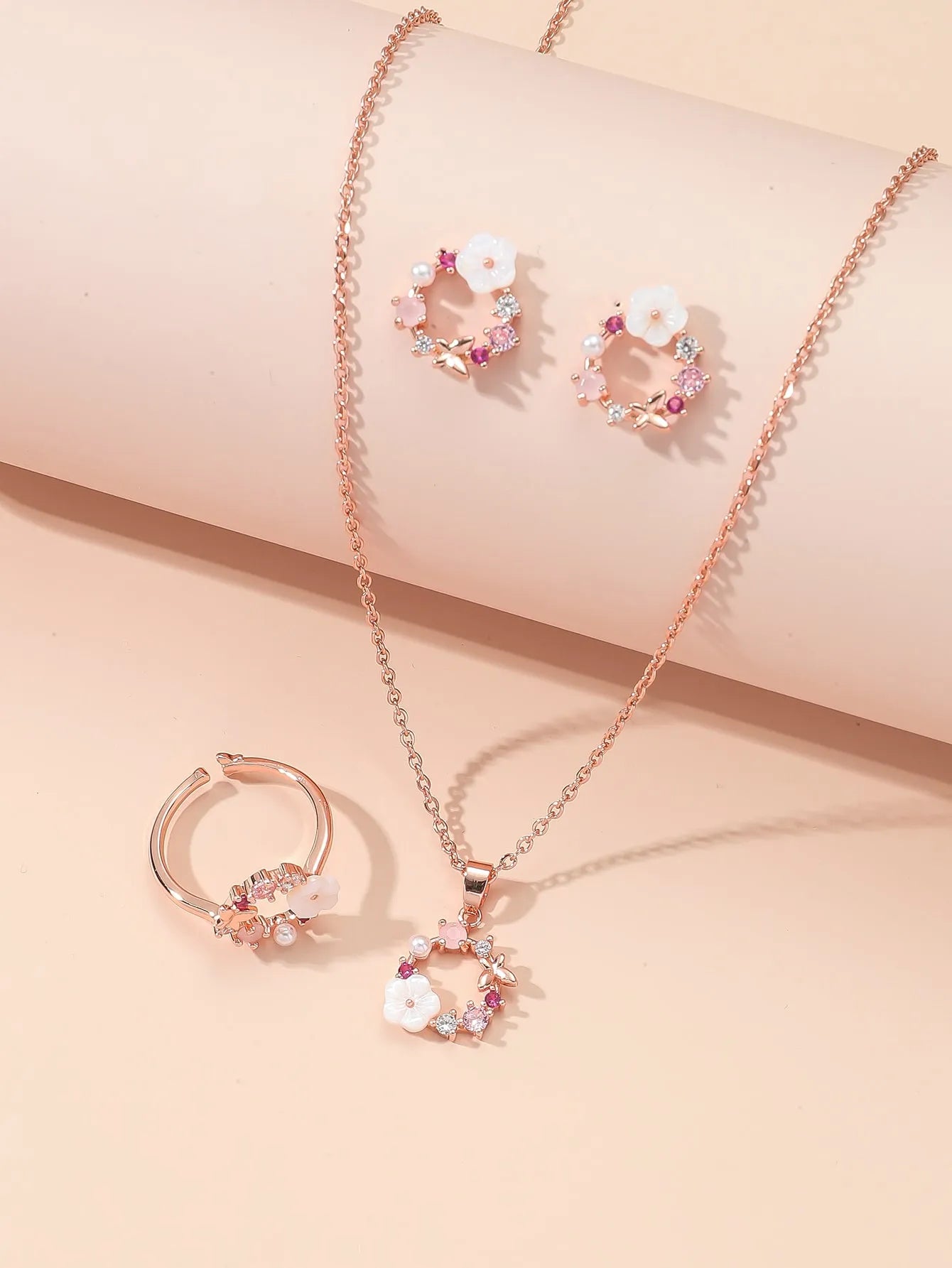 4 Pieces Rose Gold-color Lady Flower Fashion Accessories Zircon