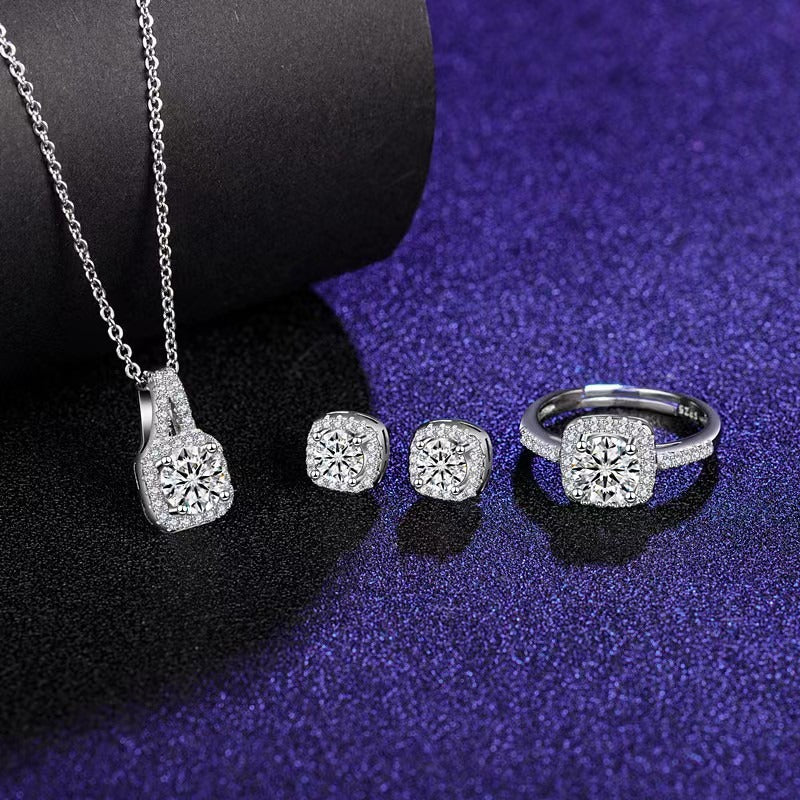 Korean Fashion Square Zircon Pendant Necklace Ring and Earring For Women