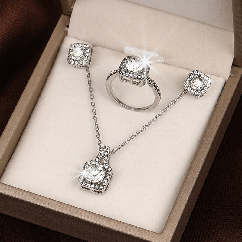 Korean Fashion Square Zircon Pendant Necklace Ring and Earring For Women