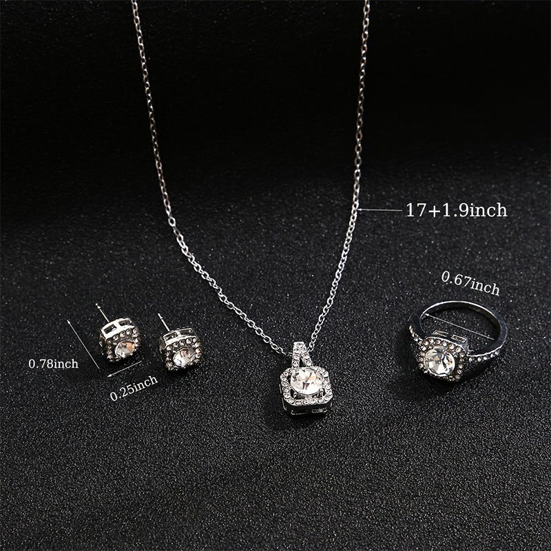 Korean Fashion Square Zircon Pendant Necklace Ring and Earring For Women