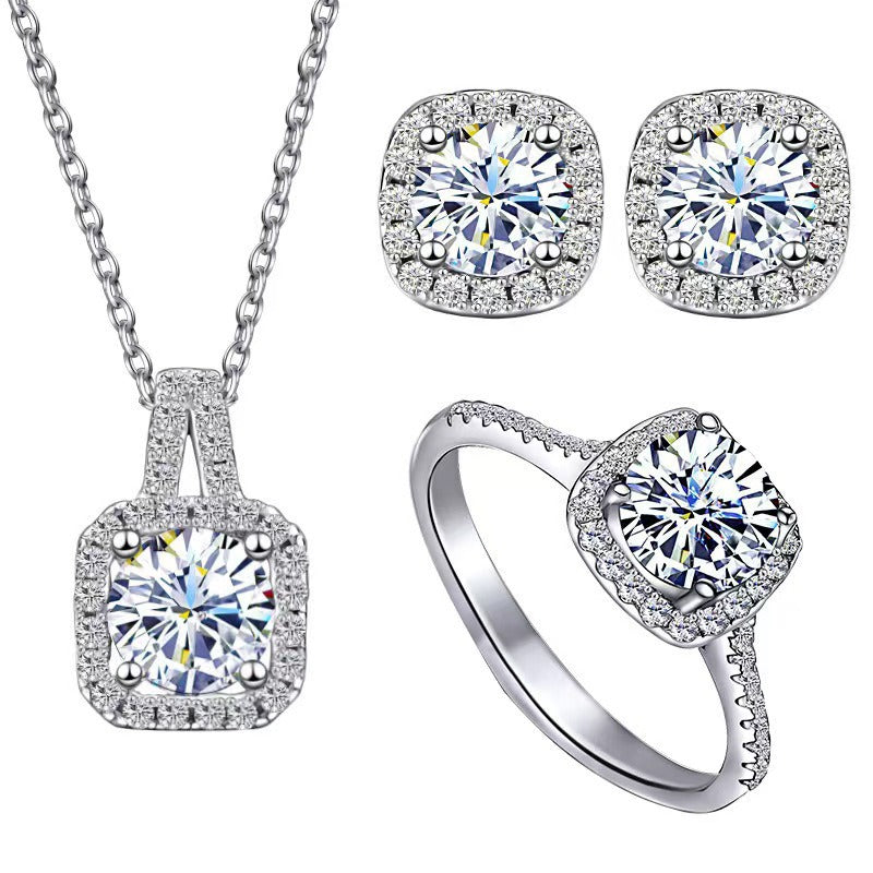 Korean Fashion Square Zircon Pendant Necklace Ring and Earring For Women
